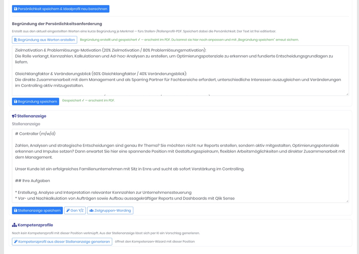 Detailansicht einer Position mit Begründungen und KI-Werkzeugen